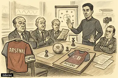 A football boardroom scene shows Arsenal symbols staying, a rumored Aston Villa move set aside, and a calm coach dismissing transfer gossip.