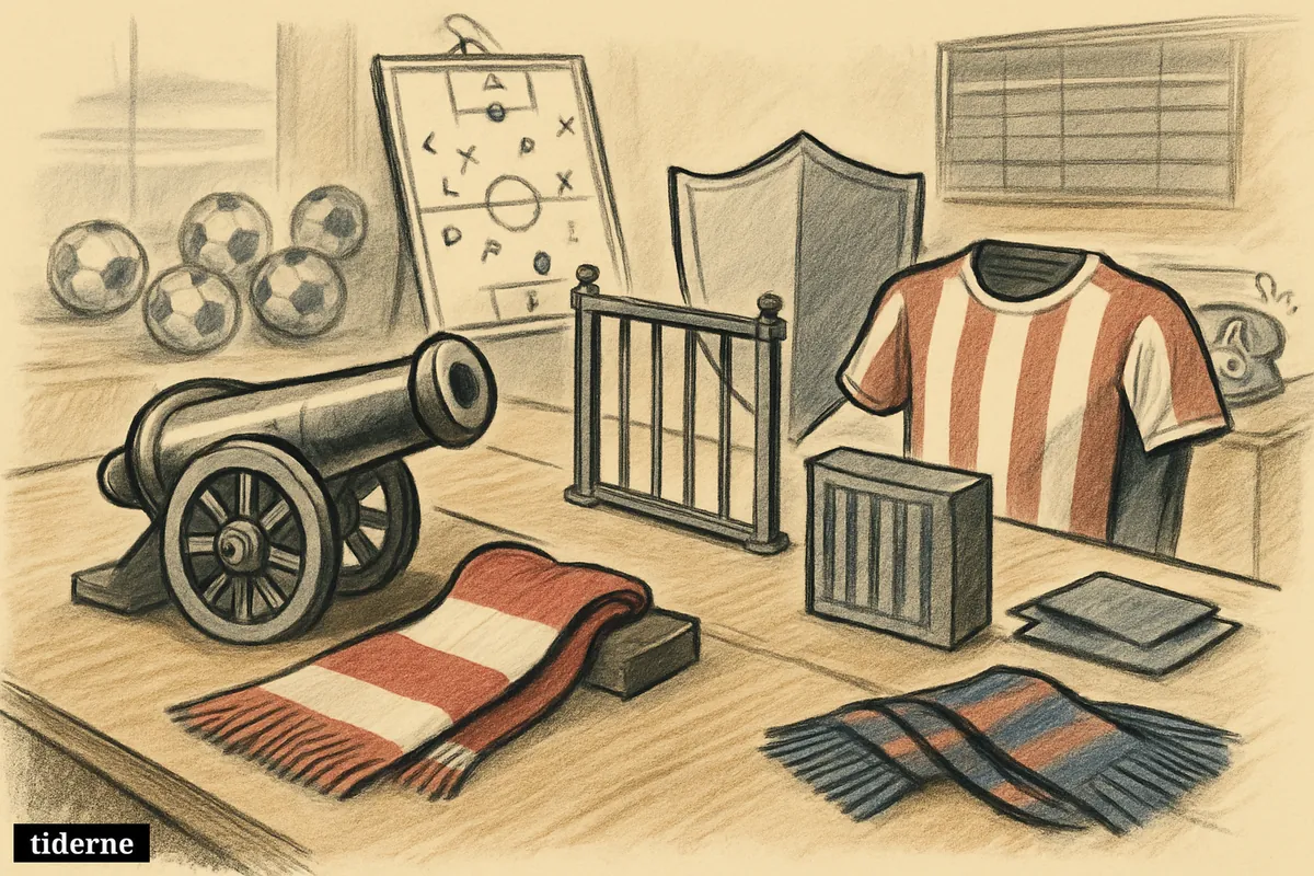 A football transfer office scene shows Arsenal symbols pushing toward a striker’s place while a barrier blocks Barcelona from reaching him. (AI-genereret illustration)