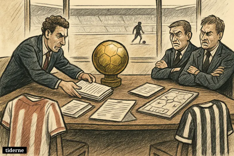 Caricature football transfer negotiation with rival club officials, paperwork, shirts, and a symbolic midfielder on the pitch beyond the boardroom. (AI-genereret illustration)