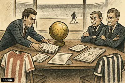 Caricature football transfer negotiation with rival club officials, paperwork, shirts, and a symbolic midfielder on the pitch beyond the boardroom. (AI-genereret illustration)