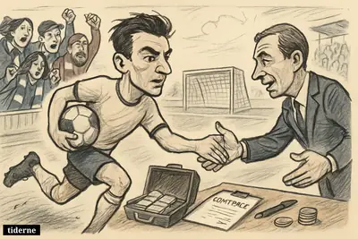 Christos Tzolis runs toward a handshake on a football pitch, surrounded by transfer props and opposing supporters watching the move. (AI-genereret illustration)