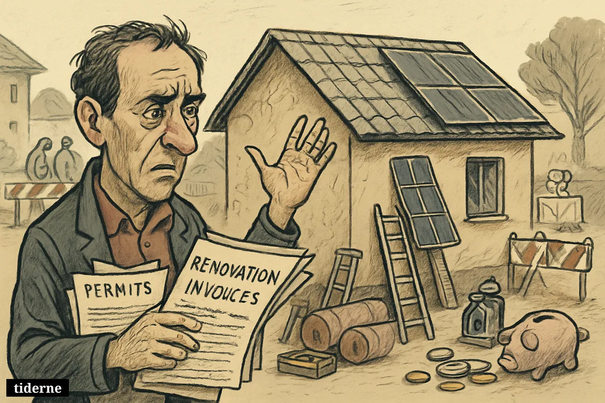 A worried homeowner beside a house with an old asbestos roof, stalled solar panels, blocked renovation access, protective workers, and symbols of rising costs.