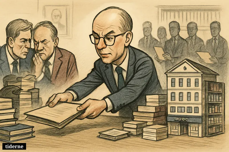 Knut Olav Åmås leads a joint bid at a negotiation table surrounded by books, bookstore shelves, and rival publishing bidders.