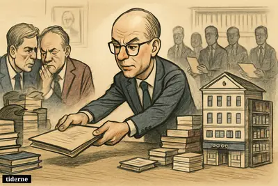 Knut Olav Åmås leads a joint bid at a negotiation table surrounded by books, bookstore shelves, and rival publishing bidders.
