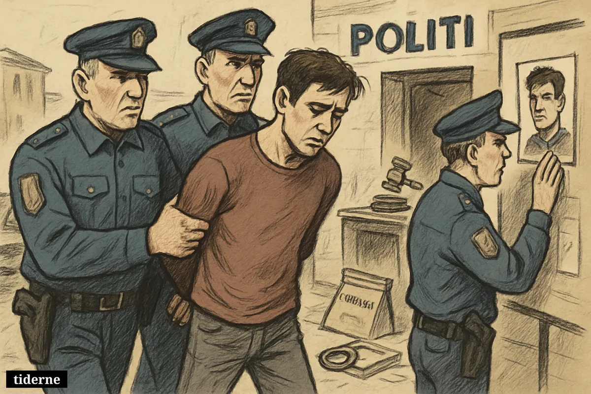 Police escort a worried suspect outside a station while another officer examines a posted portrait linked to an ongoing search. (AI-genereret illustration)