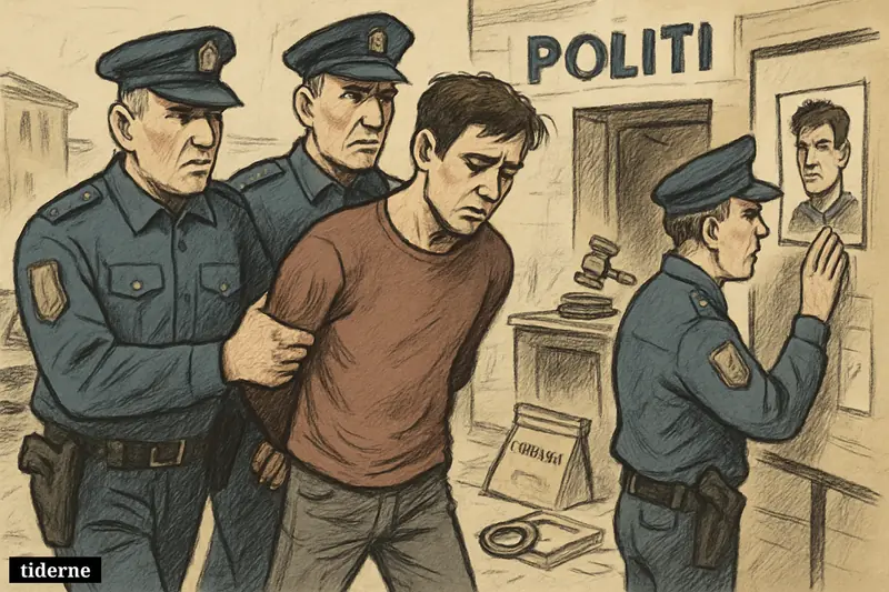 Police escort a worried suspect outside a station while another officer examines a posted portrait linked to an ongoing search. (AI-genereret illustration)