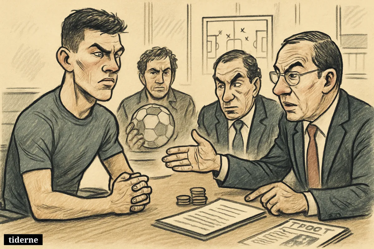 A young football striker sits in a transfer meeting as club executives negotiate while two rival suitors watch from nearby. (AI-genereret illustration)