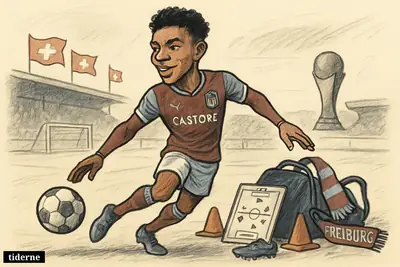 Caricature of Johan Manzambi in Aston Villa kit on a football pitch, leaving Freiburg behind after his World Cup breakthrough for Switzerland. (AI-genereret illustration)