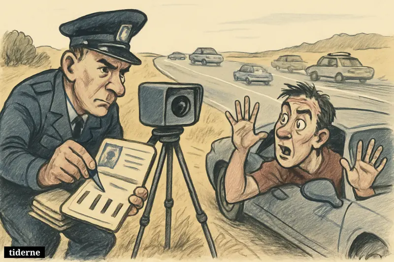Police speed camera on a rural road catches a shocked driver while cars continue along the highway beside open fields.