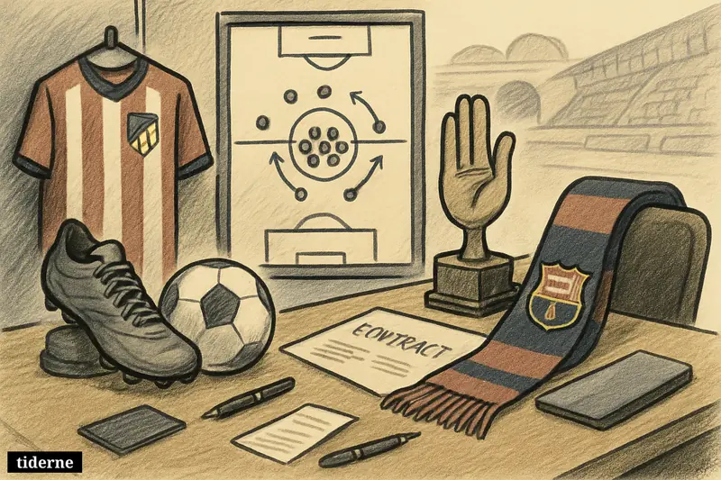 Caricature transfer room with Atlético symbols blocking Barcelona contract props, centered on a footballer’s place and a stalled summer move. (AI-genereret illustration)