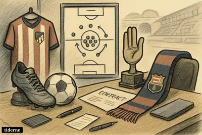 Caricature transfer room with Atlético symbols blocking Barcelona contract props, centered on a footballer’s place and a stalled summer move. (AI-genereret illustration)