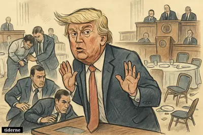Trump recoils in a courtroom-ballroom scene as agents shield him and marshals restrain a suspect amid overturned dinner tables.