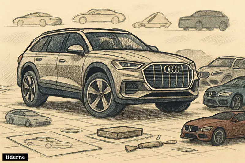 A huge Audi-inspired luxury SUV towers over smaller rival SUVs in a showroom test-track scene with subtle automotive brand references behind it.
