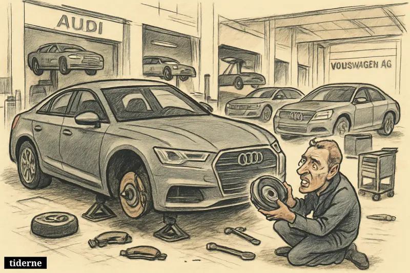 A caricature workshop scene shows an Audi with exposed brakes, a concerned mechanic, and more recalled cars lined up for repair.