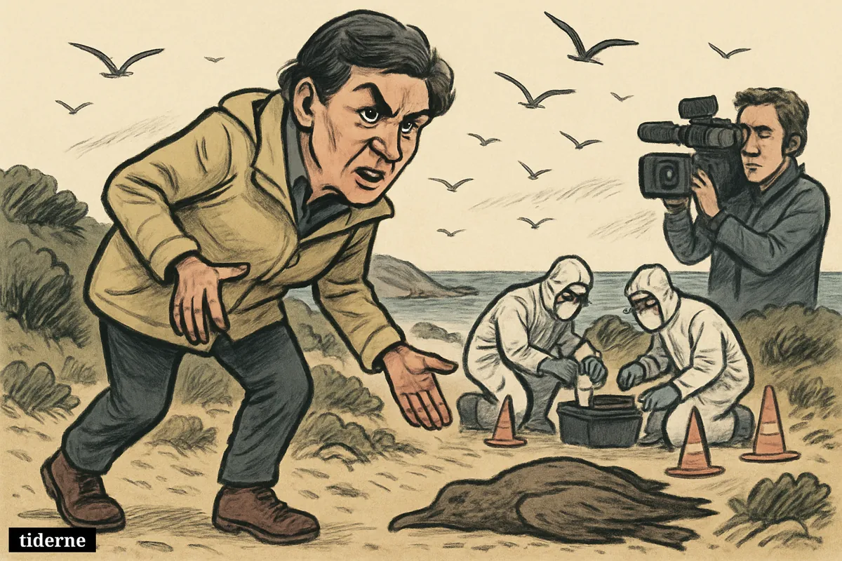 Julie Collins inspects a dead seabird on a western Australian coast while biosecurity officers and a TV crew document the H5N1 discovery.