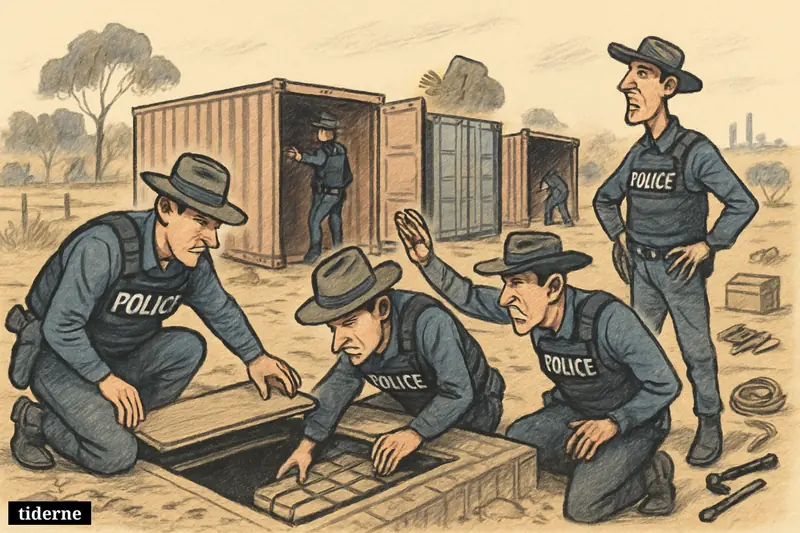 Australian police uncover hidden drug bundles beneath shipping containers above an underground bunker on a rural property near Sydney.