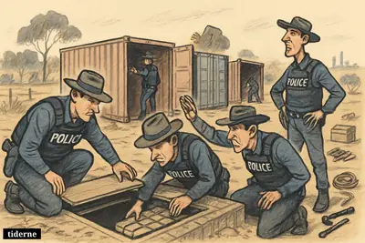 Australian police uncover hidden drug bundles beneath shipping containers above an underground bunker on a rural property near Sydney.