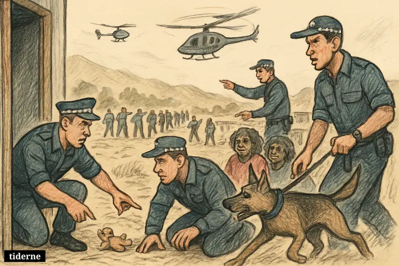 Police, volunteers, a search dog, drone, and helicopter comb an Aboriginal camp near Alice Springs after a child’s disappearance.