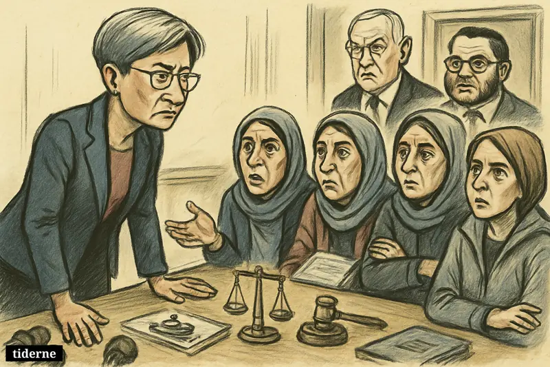 Penny Wong meets four distressed Gaza flotilla activists in Canberra while caricatures of Netanyahu and Ben Gvir loom nearby.