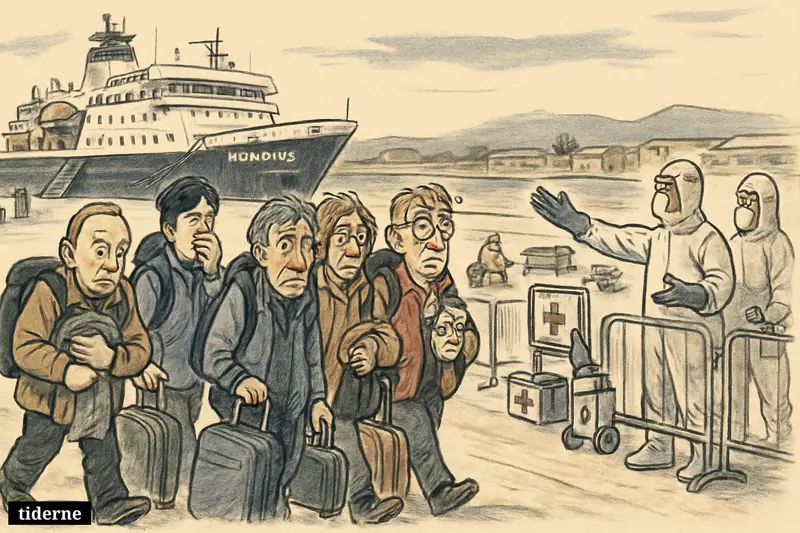 Six anxious ship passengers are separated by health officers on a Western Australia dock beside the expedition vessel MV Hondius.