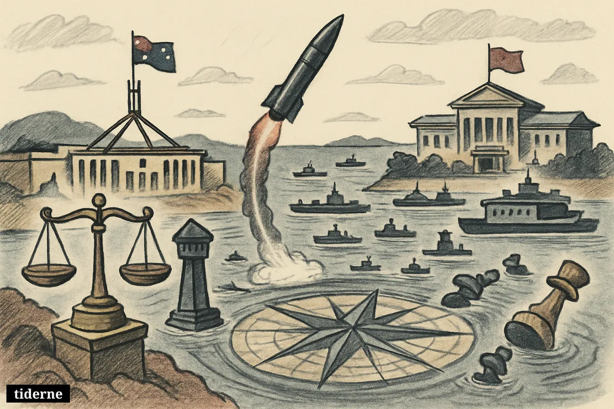 A missile rises over the Pacific between symbolic Australian and Chinese government shores, with ships, broken chess pieces, and a cracked compass in the sea.