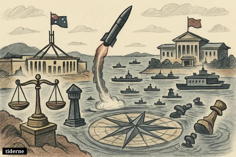 A missile rises over the Pacific between symbolic Australian and Chinese government shores, with ships, broken chess pieces, and a cracked compass in the sea.