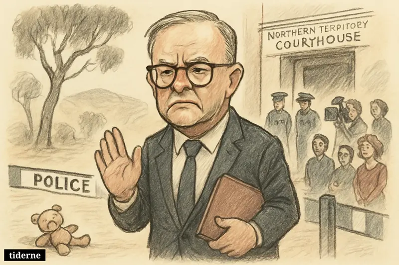 Caricature of Anthony Albanese outside a Northern Territory courthouse, with police, media, and a child’s toy emphasizing a tragic criminal case.