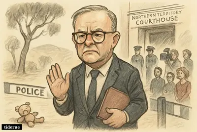 Caricature of Anthony Albanese outside a Northern Territory courthouse, with police, media, and a child’s toy emphasizing a tragic criminal case.