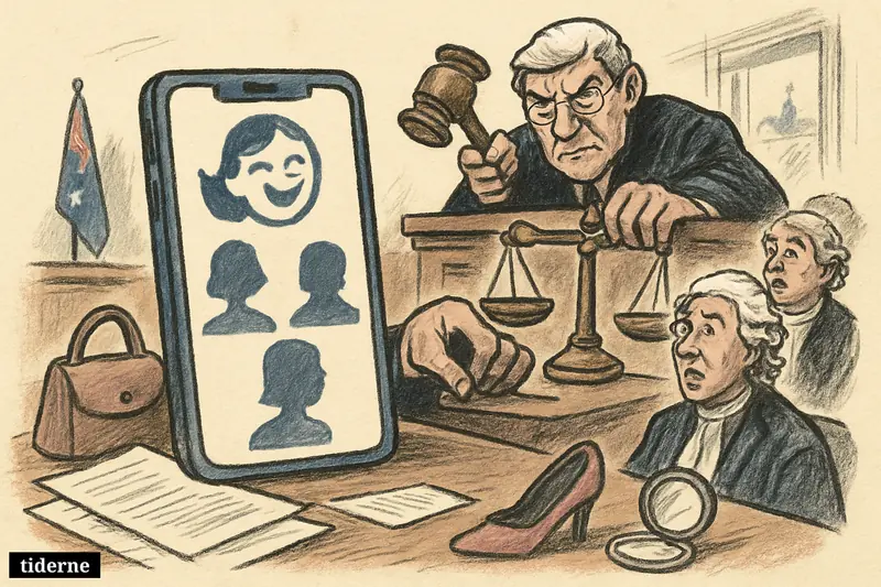 A courtroom caricature centers on a women-only app symbol before a judge, with legal props suggesting a landmark transgender discrimination ruling in Australia.