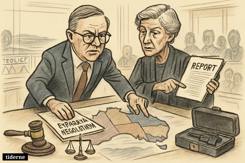 Caricature of Anthony Albanese and Virginia Bell studying a map of Australia with legal symbols and a locked gun case.