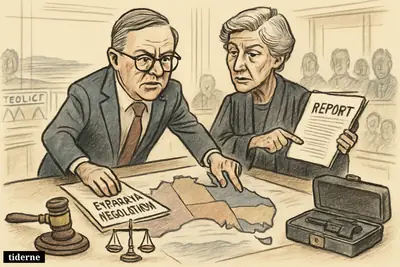 Caricature of Anthony Albanese and Virginia Bell studying a map of Australia with legal symbols and a locked gun case.