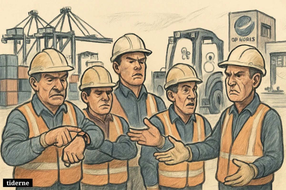 Caricature of Australian dock workers confronting automation at a container port, gesturing about shorter hours as cranes, robots, and ships surround them. (AI-genereret illustration)