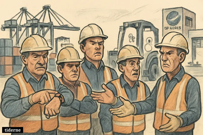 Caricature of Australian dock workers confronting automation at a container port, gesturing about shorter hours as cranes, robots, and ships surround them. (AI-genereret illustration)