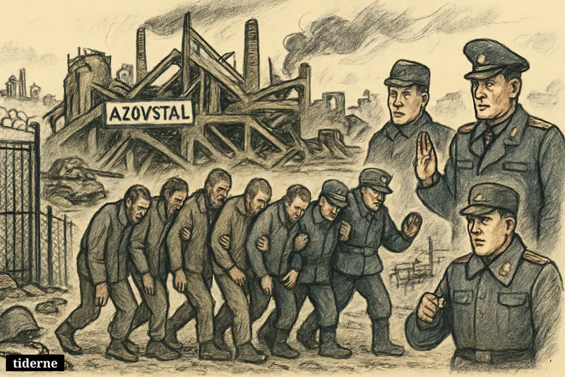 Ruined Azovstal factory looms over exhausted Ukrainian POWs escorted by Russian guards through rubble, fences, and prison-like industrial ruins.