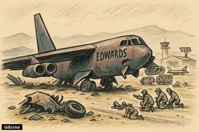 A crashed B-52 bomber lies near a desert runway while emergency crews and investigators gather around wreckage at an air base.