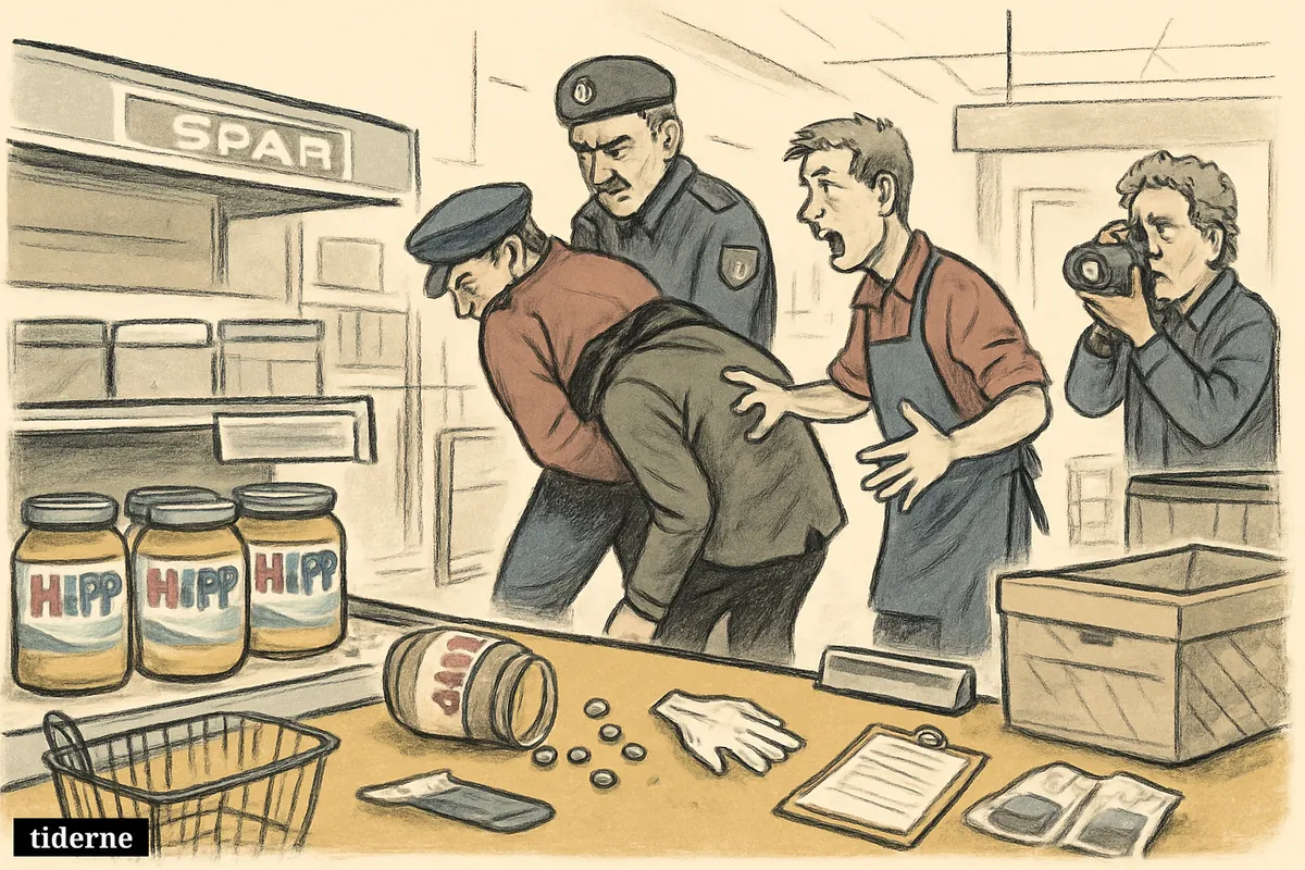 Caricature supermarket scene with contaminated baby food jars, police arresting a suspect, and store staff reacting in a baby-food aisle.