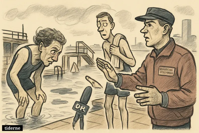 Cautious bathers inspect cloudy harbor water at a Copenhagen swimming area while an attendant warns them and broadcast equipment stands nearby. (AI-genereret illustration)