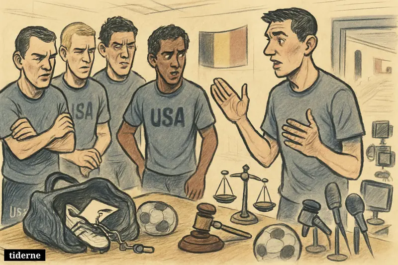 Anxious USA football players huddle in a locker room as legal and media props distract them before a Belgium knockout match. (AI-genereret illustration)