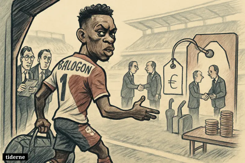 Caricature of Folarin Balogun poised to leave a stadium tunnel as scouts watch and transfer-price symbols surround him.