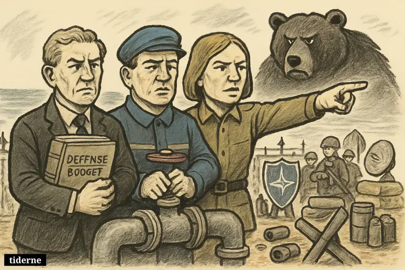 Three stern Baltic figures block a border as costly defense gear, cut pipelines, NATO backup, and a distant Russian threat fill the scene.