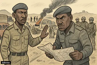 Assimi Goïta and Sadio Camara in military uniforms face a blocked road outside Bamako, with stranded vehicles, civilians, and distant armed militants.