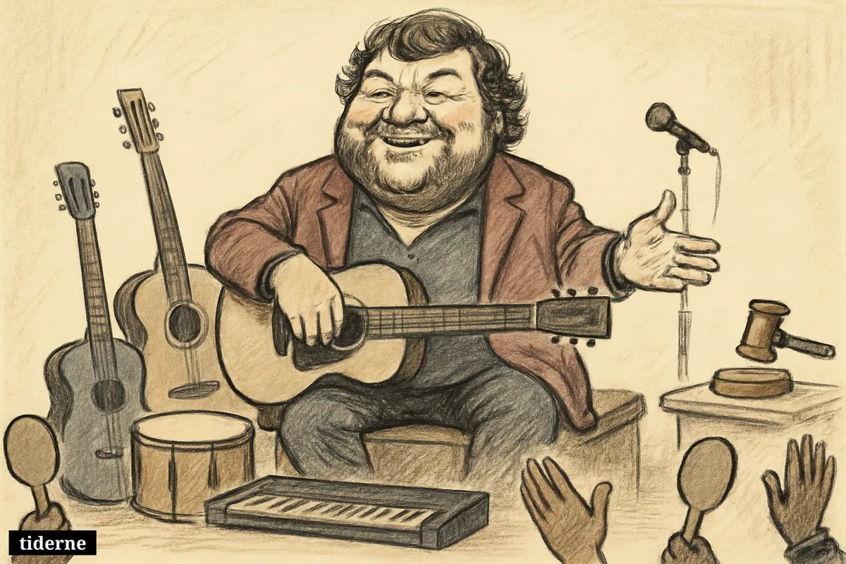 Caricature of Flemming “Bamse” Jørgensen on an auction platform, surrounded by beloved instruments as bidders raise hands nearby.