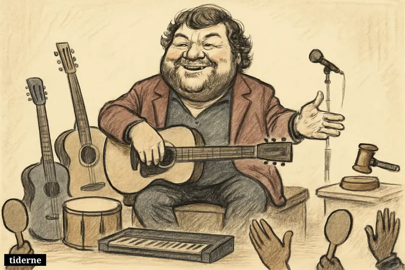 Caricature of Flemming “Bamse” Jørgensen on an auction platform, surrounded by beloved instruments as bidders raise hands nearby.