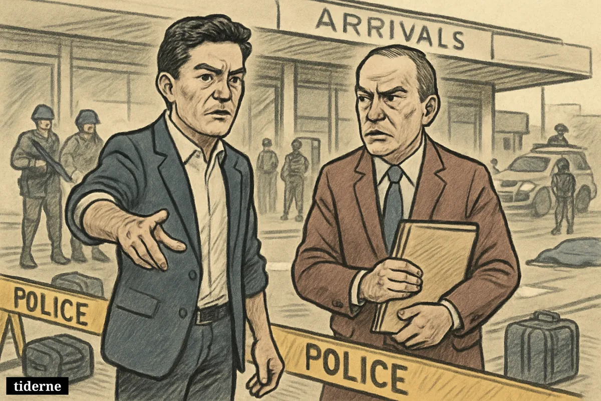 Caricatures of Daniel Noboa and John Reimberg outside a Guayaquil airport as police detain two teens near a cordoned shooting scene.