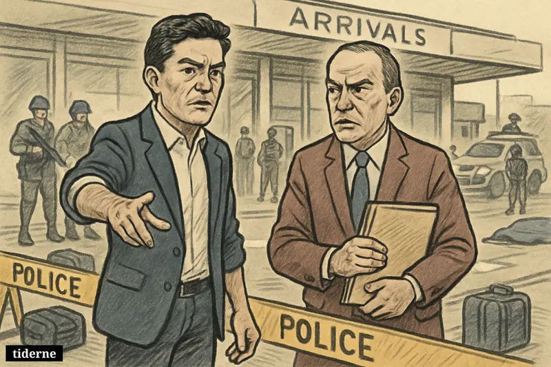 Caricatures of Daniel Noboa and John Reimberg outside a Guayaquil airport as police detain two teens near a cordoned shooting scene.