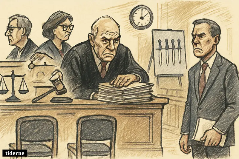 A courtroom caricature with judges, a frustrated prosecutor, empty defendant chairs, and legal symbols suggesting a gang murder case restarting.