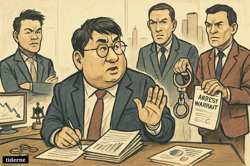 Caricatures of Bang Si-hyuk and Park Jin-young in a boardroom as investigators arrive with an arrest warrant amid finance and justice symbols.