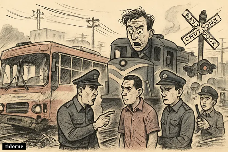 A caricature of a Bangkok rail crossing crash with a freight train, damaged bus, police, and shaken transport workers.