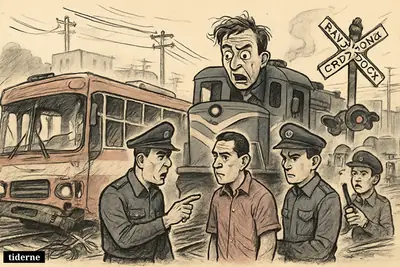 A caricature of a Bangkok rail crossing crash with a freight train, damaged bus, police, and shaken transport workers.