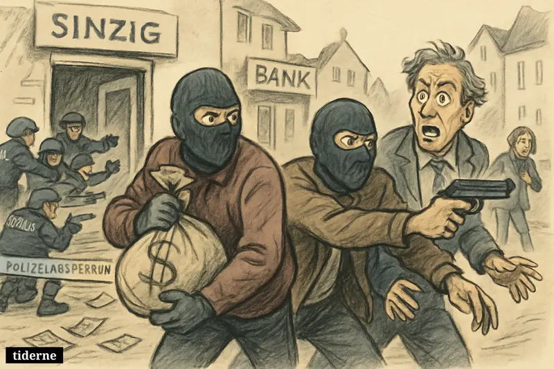Masked robbers flee a bank while police surround the area and officers escort a shaken hostage away in a tense street standoff.